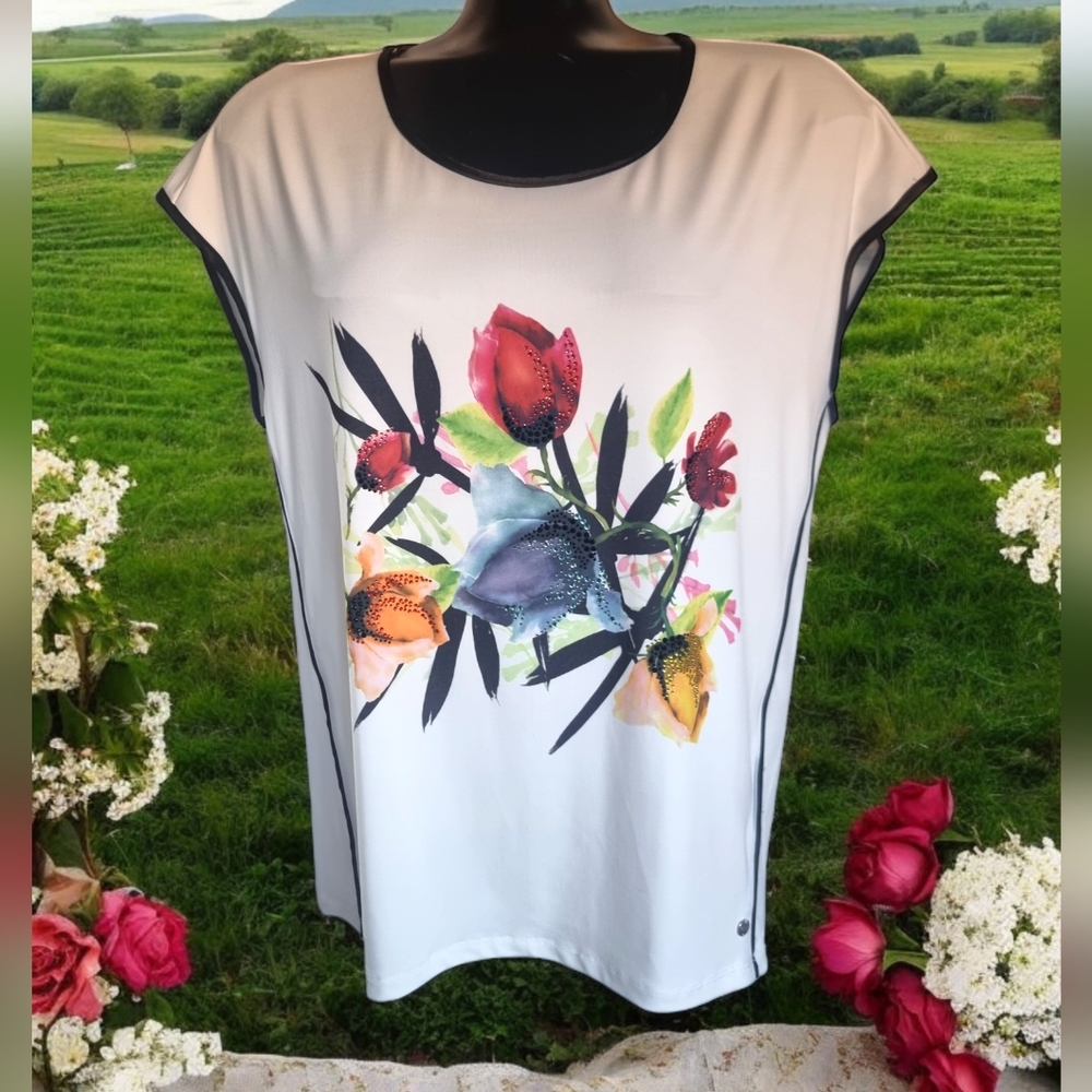 ORLY Designer Sparkly Jeweled Floral Cap Sleeve Floral Top with Satin Trim